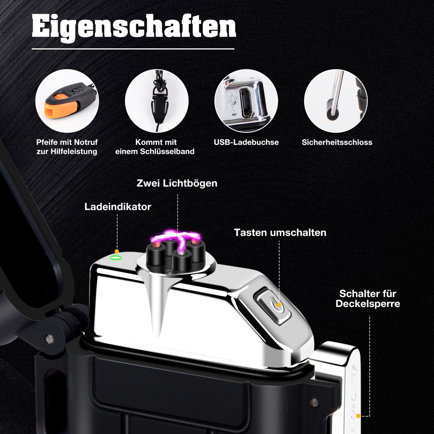 LcFun Lichtbogen Feuerzeug, Wasserdicht Winddicht Plasma-Feuerzeug USB Aufladbar Elektronisches Feuerzeug, mit Notfall-Pfeife für Camping, Abenteuer, Survival Taktische Ausrüstung (Schwarz)