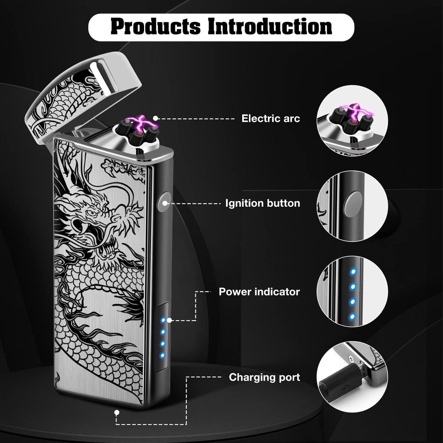 Rechargeable Lighter USB Electric Arc Lighter Plasma Lighters Cool Windproof Flameless Lighters with LED Display Power for Candle, Incense, Outdoor Camping (Black Dragon)