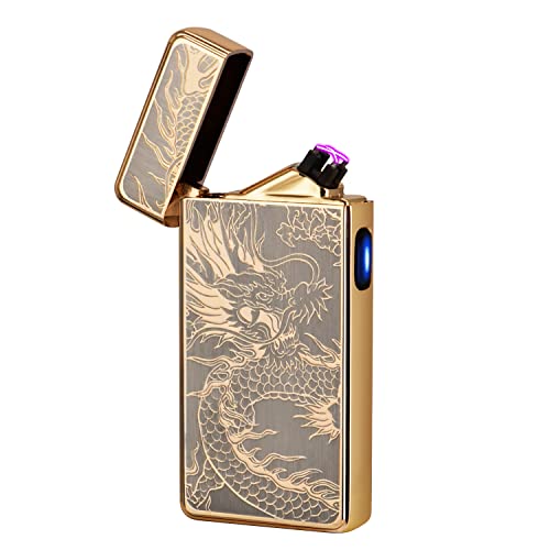 LcFun Feuerzeug Elektrisch, USB Elektro Feuerzeug Sturmfeuerzeug, Lichtbogen Feuerzeuge, Winddicht Arc Lighter für Männer Damen (Golddrache)