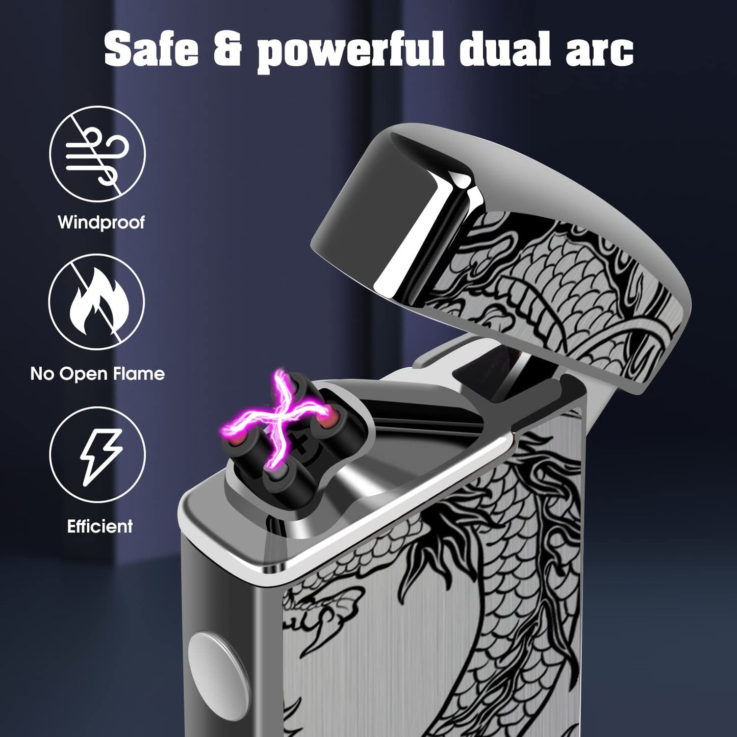 Rechargeable Lighter USB Electric Arc Lighter Plasma Lighters Cool Windproof Flameless Lighters with LED Display Power for Candle, Incense, Outdoor Camping (Black Dragon)