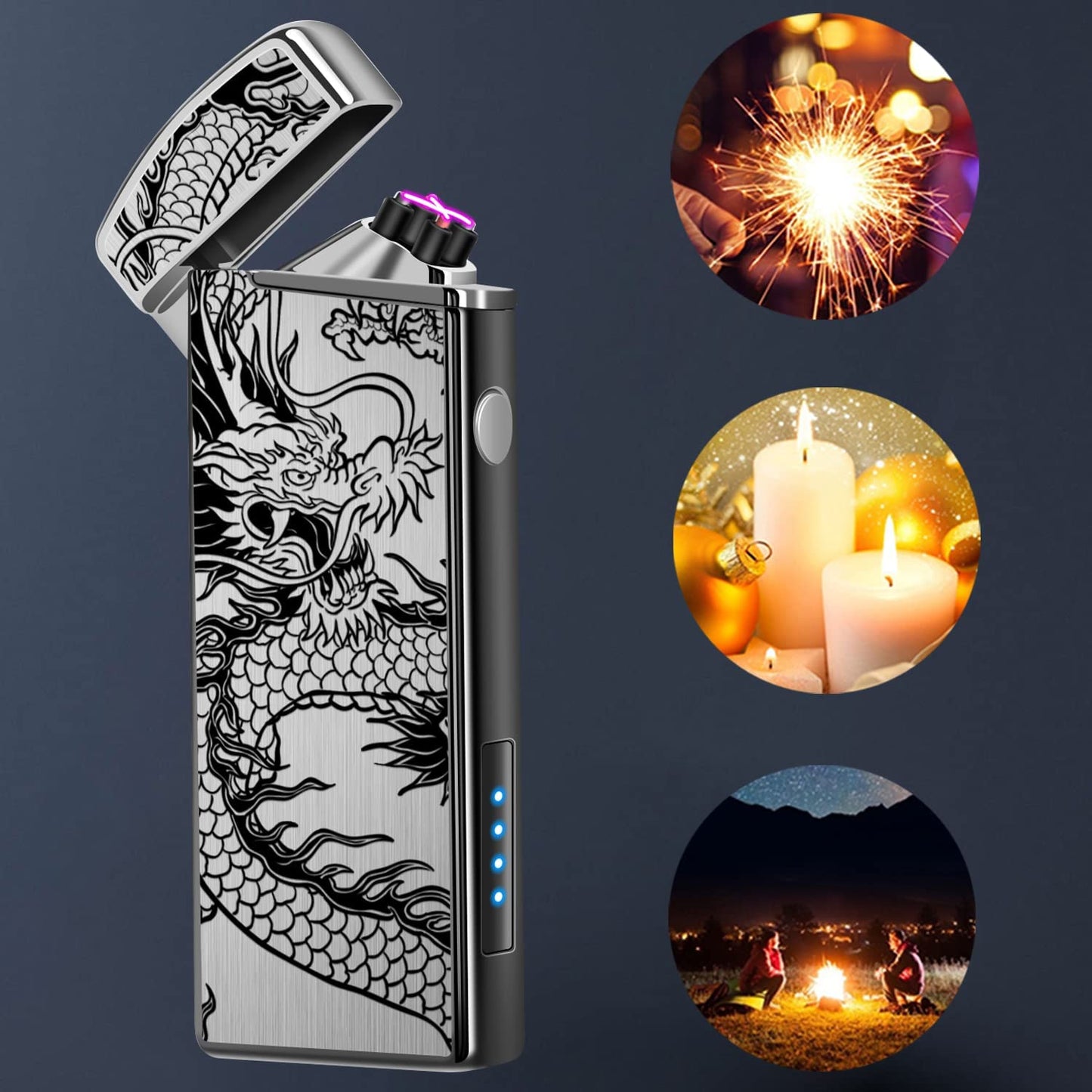 Rechargeable Lighter USB Electric Arc Lighter Plasma Lighters Cool Windproof Flameless Lighters with LED Display Power for Candle, Incense, Outdoor Camping (Black Dragon)