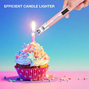 Candle Lighter 1 Pack USB Rechargeable Long Lighter Windproof Flameless Arc Lighter with LED Battery Display for Candle, Fireworks, BBQ, Gas Stove, Grill (Rose Gold)