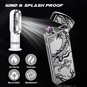 Rechargeable Lighter USB Electric Arc Lighter Plasma Lighters Cool Windproof Flameless Lighters with LED Display Power for Candle, Incense, Outdoor Camping (Black Dragon)