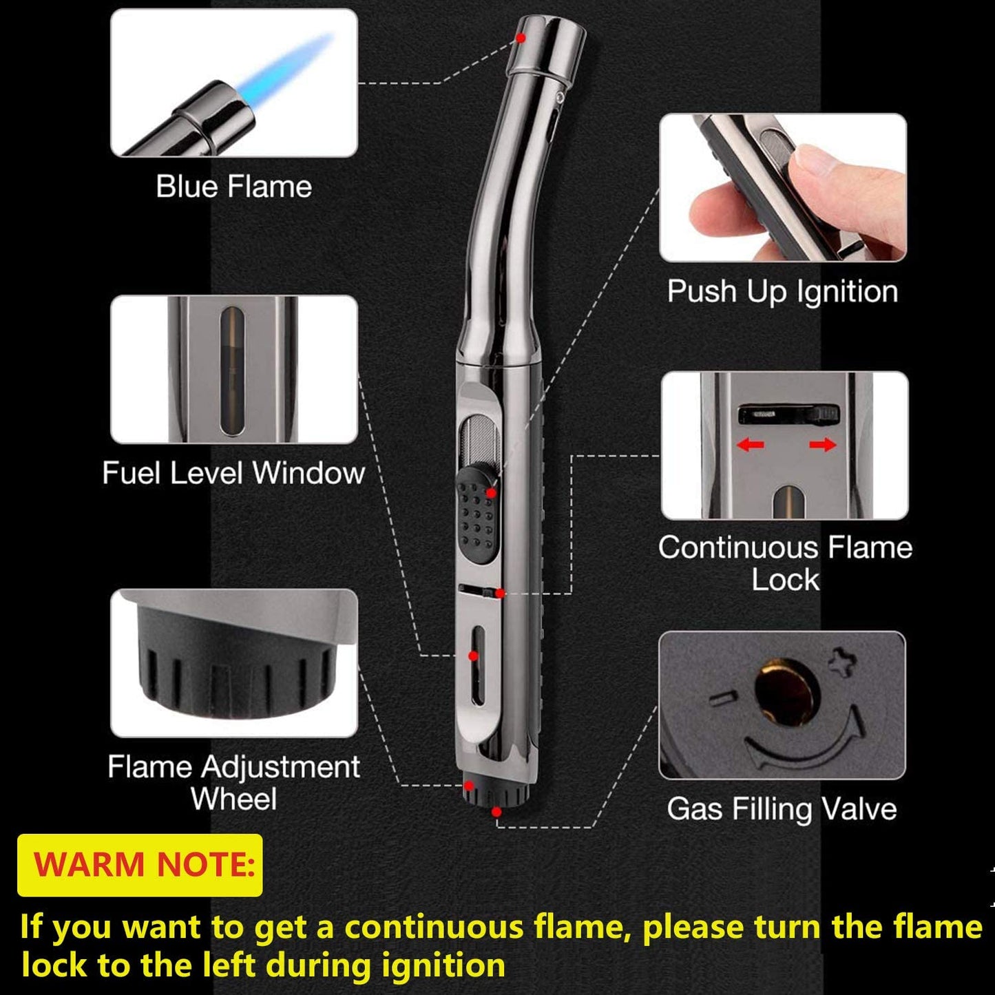 Butane Torch Lighter Adjustable Jet Flame Lighter Torch Long Lighter Gas Refillable Fire Lighter for Candle, Grill, Kitchen, Camping, Fireplace-Butane NOT Included-1 Pack