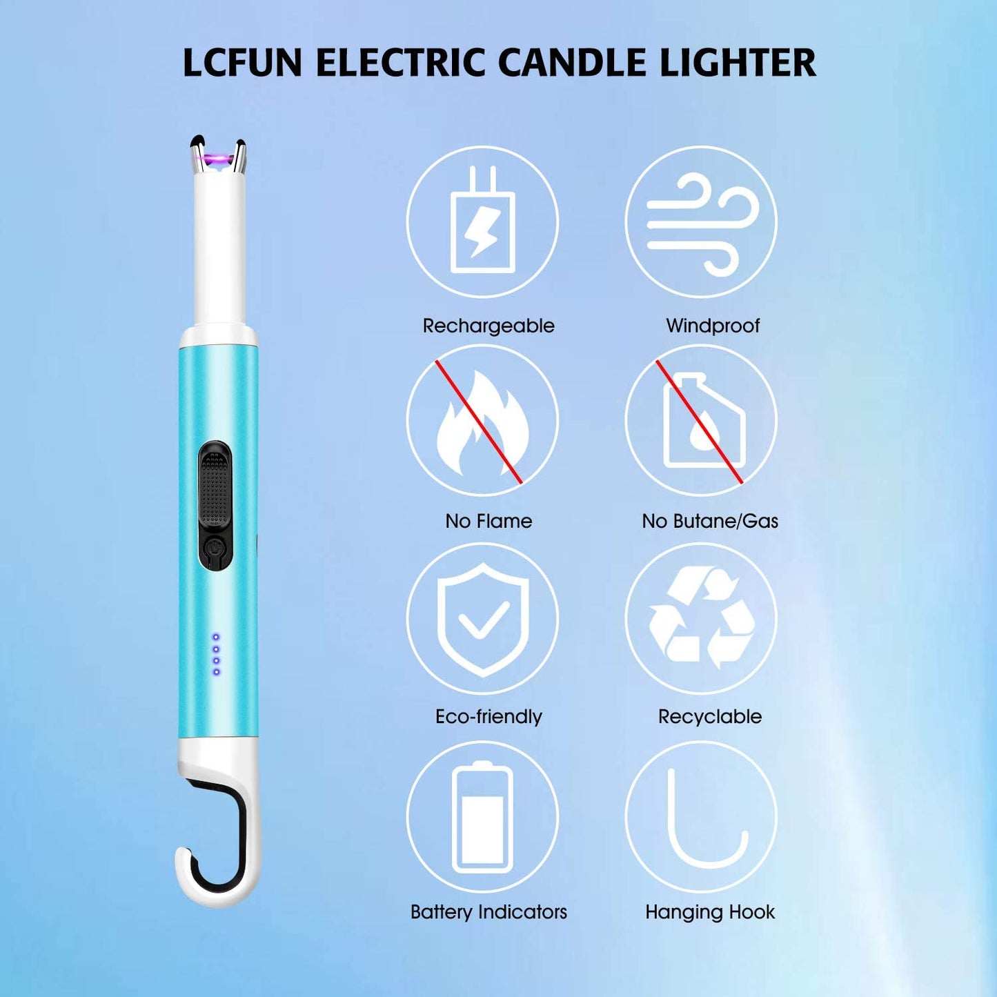 Electric Candle Lighter,Arc Lighter USB Rechargeable Flameless Electronic Lighter Windproof Plasma Long Neck Lighter with LED Battery Indicator for Candle,Fireworks,Grill,Barbecue,Stove (Blue）