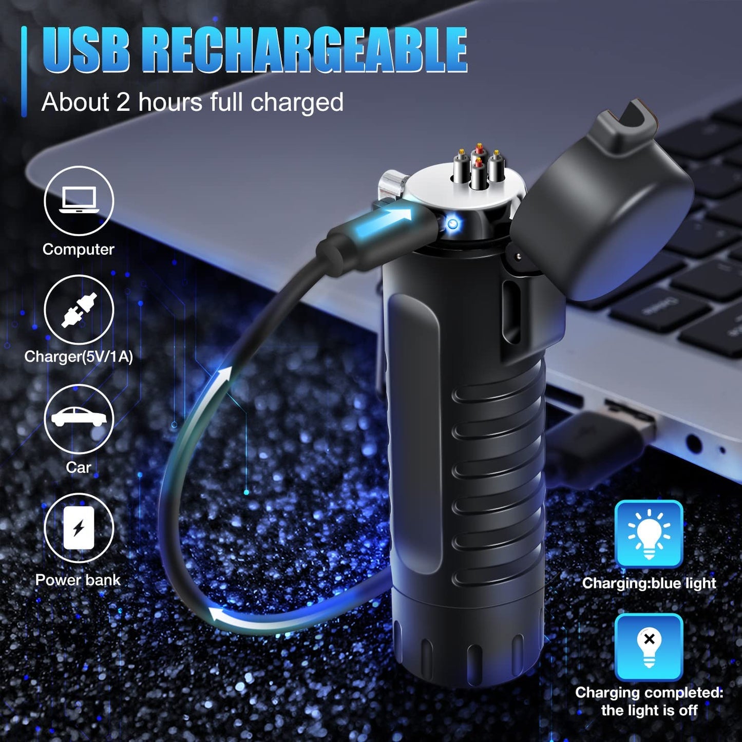 Waterproof Lighter USB Plasma Lighter Rechargeable Electric Lighter Waterproof with Flashlight Flameless Lighter Windproof Arc Lighter for Tactical Outdoor Camping Hiking (Black)