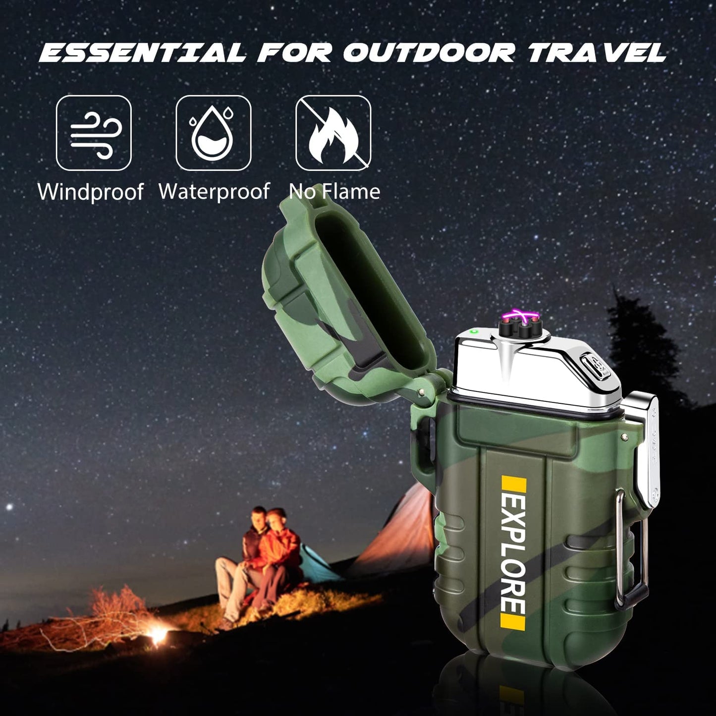 Electric Lighter,Plasma Lighter Waterproof Arc Lighter Windproof USB Lighter Rechargeable with Emergency Whistle for Hiking,Camping,Adventure,Outdoor,Survival,Tactical,EDC Gear(Camouflage)