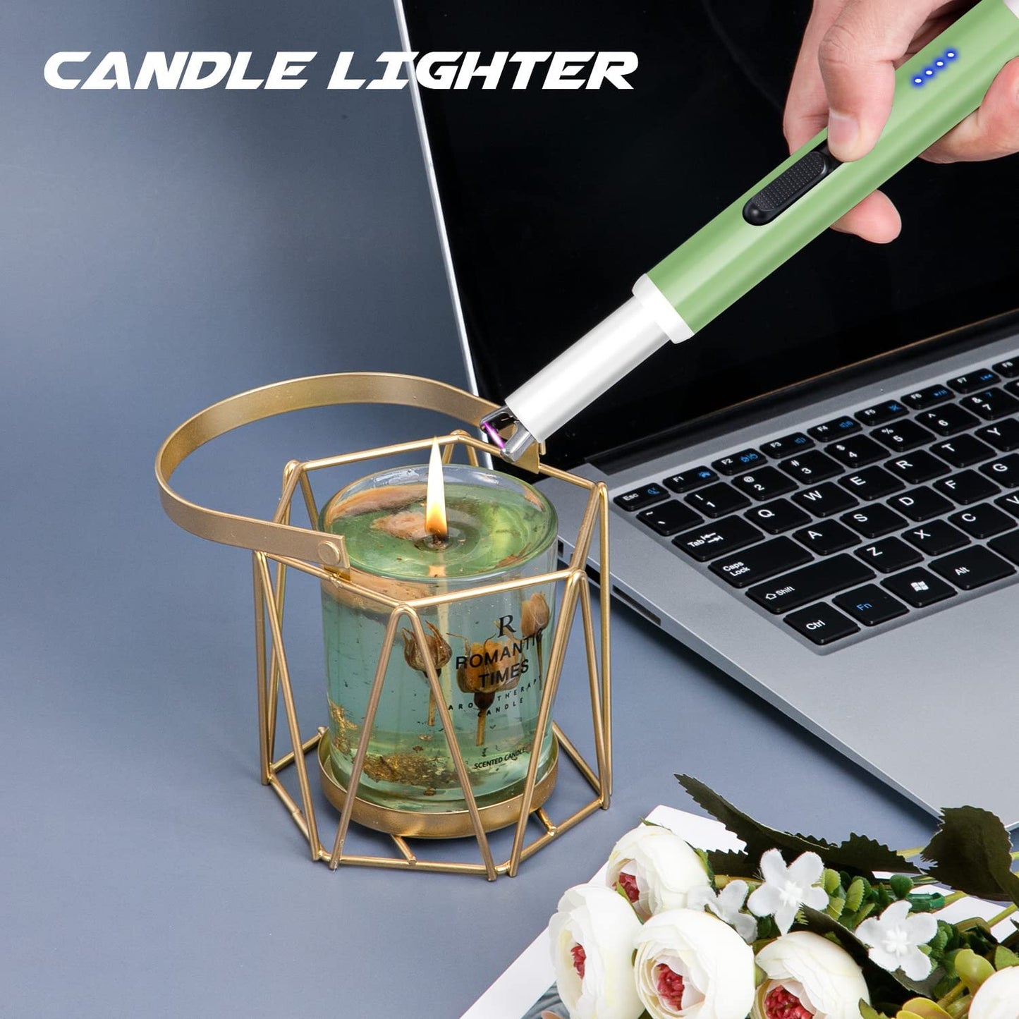 Electric Candle Lighter,Arc Lighter USB Rechargeable Flameless Electronic Lighter Windproof Plasma Long Neck Lighter with LED Battery Indicator for Candle,Fireworks,Grill,Stove(Green)…