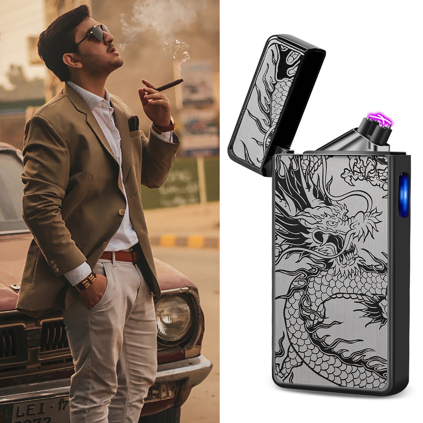 Electric Lighter,Dual Arc Plasma Lighter USB Rechargeable Lighter Electronic Windproof Lighter Cool Flameless Butane Free Lighter for Candle,Fireworks,Incense (Black Dragon)