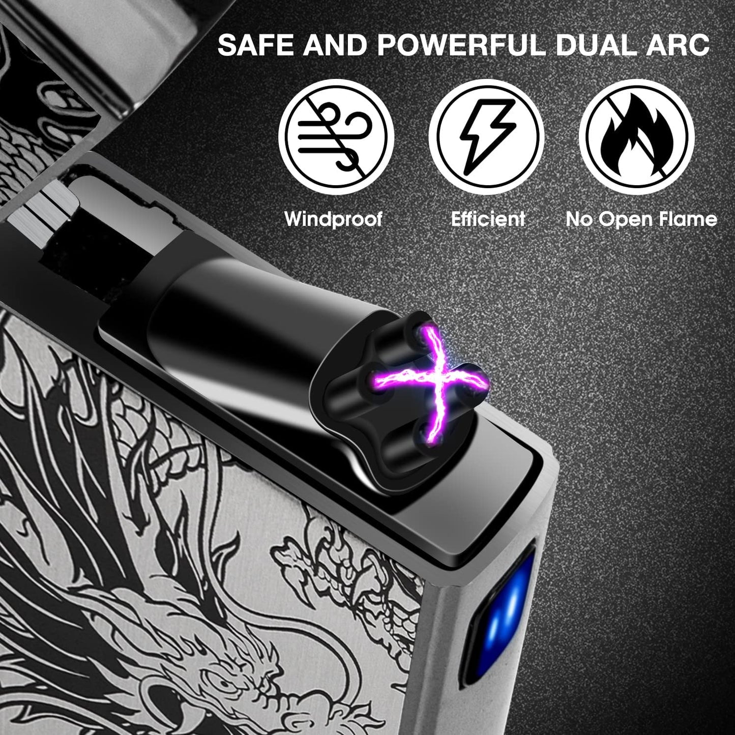 LcFun Dual Arc Plasma Lighter USB Rechargeable Windproof Flameless Butane Free Electric Lighter Candle Lighter (Black Dragon)