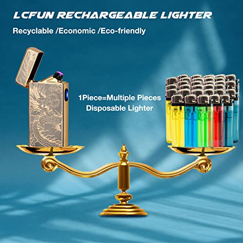 LcFun Feuerzeug Elektrisch, USB Elektro Feuerzeug Sturmfeuerzeug, Lichtbogen Feuerzeuge, Winddicht Arc Lighter für Männer Damen (Golddrache)