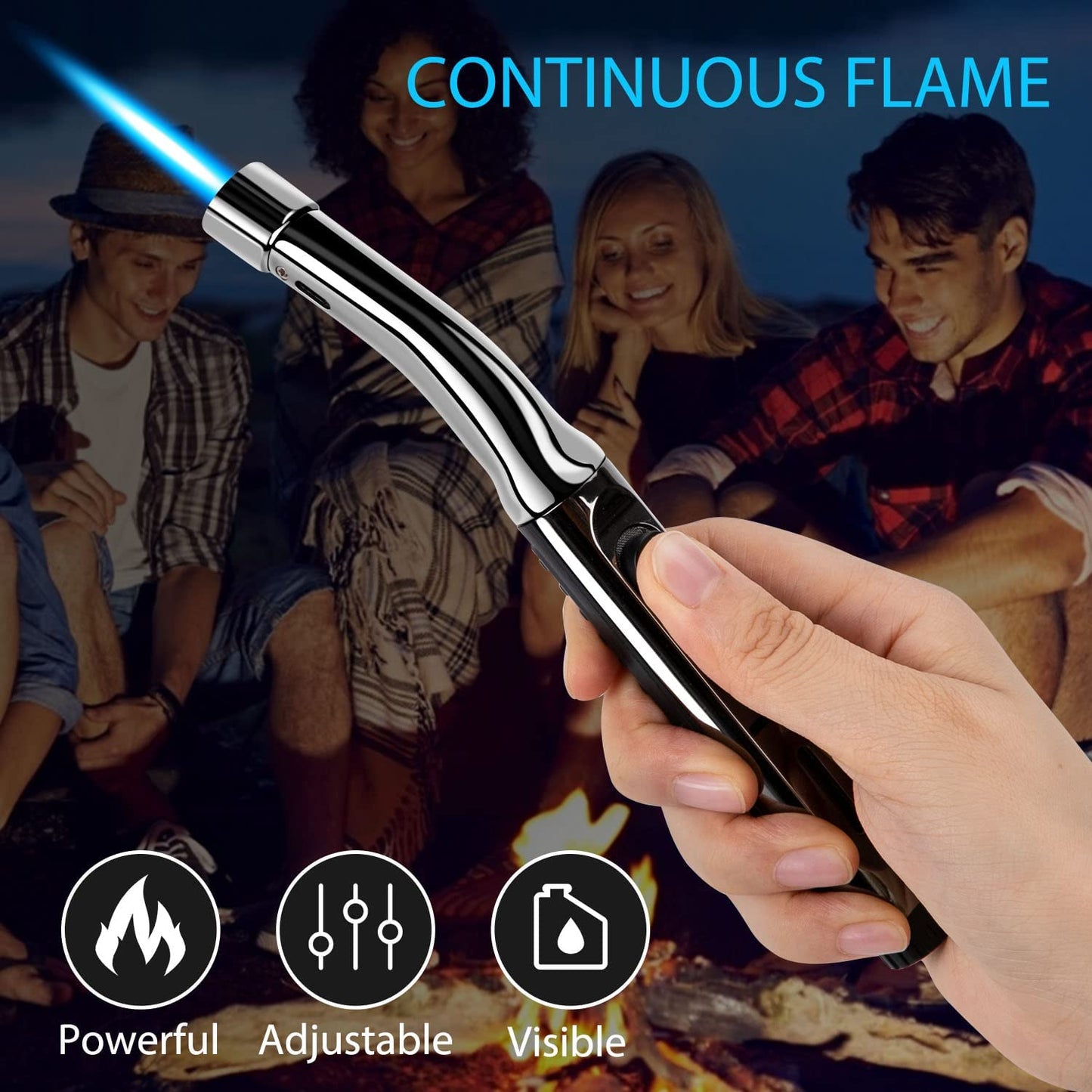 Butane Torch Lighter Adjustable Jet Flame Lighter Torch Long Lighter Gas Refillable Fire Lighter for Candle, Grill, Kitchen, Camping, Fireplace-Butane NOT Included-1 Pack