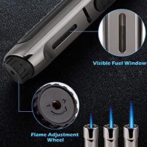 Butane Torch Lighter Adjustable Jet Flame Lighter Torch Long Lighter Gas Refillable Fire Lighter for Candle, Grill, Kitchen, Camping, Fireplace-Butane NOT Included-1 Pack