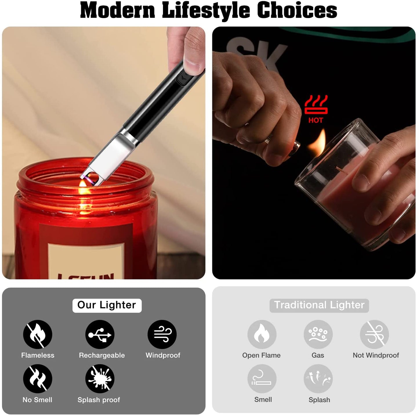 Electric Candle Lighter USB Rechargeable Electric Arc Lighter Windproof Flameless Plasma Lighters Long Grill Lighter with Battery Indicator for Candle,BBQ,Fireworks (Black)