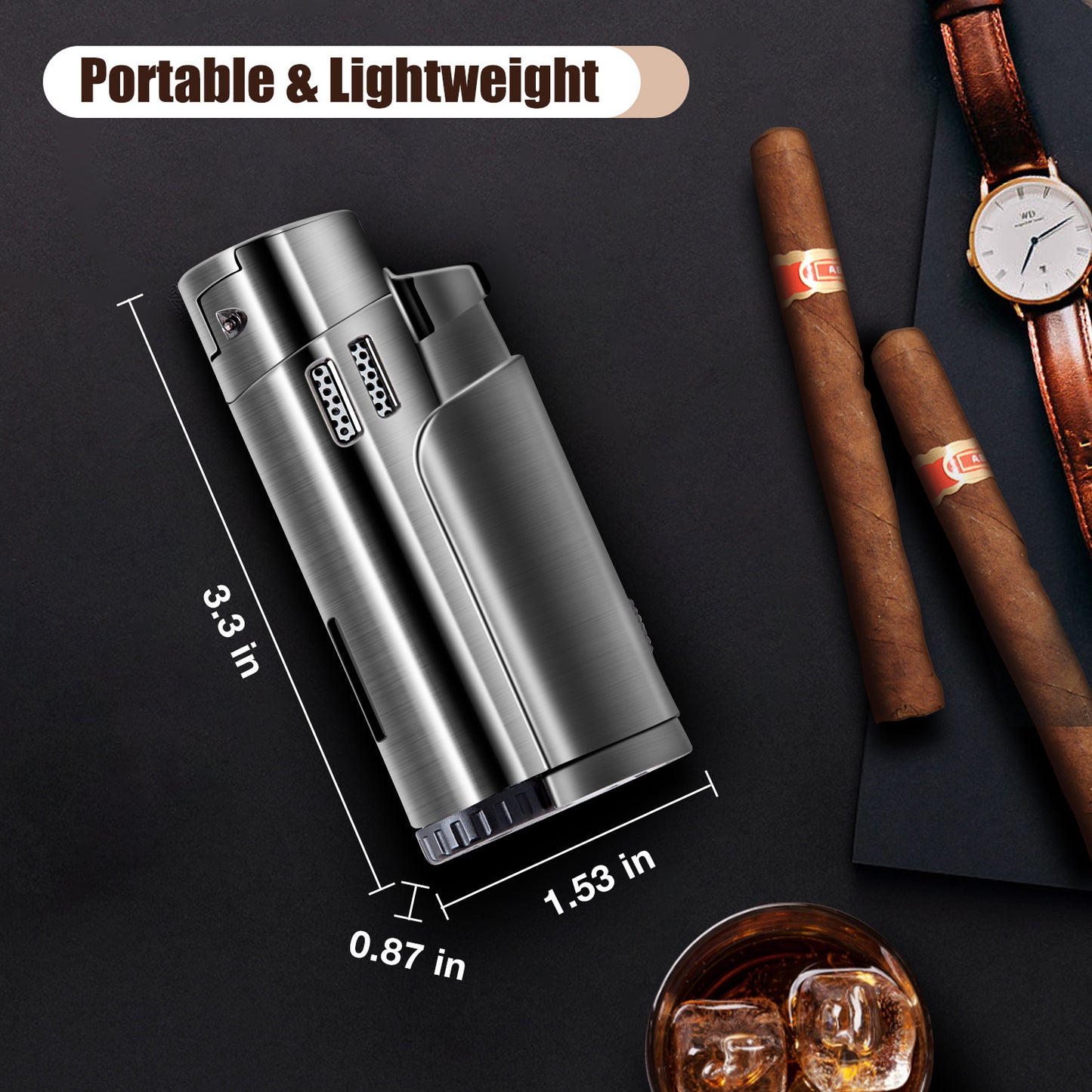 Torch Lighter Refillable Fuel Butane Torch Cigar Lighters 4 Jet Lighter with Cigar Punch Quad Flame Lighter Gas Torch Butane Lighters-Butane NOT Included (Black)