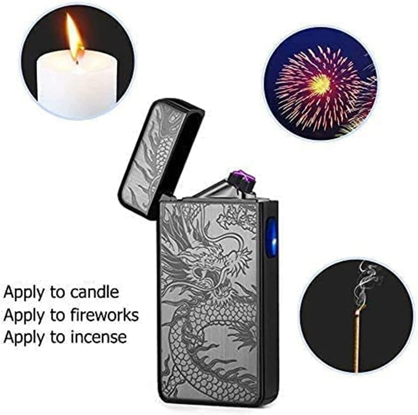 LcFun Dual Arc Plasma Lighter USB Rechargeable Windproof Flameless Butane Free Electric Lighter Candle Lighter (Black Dragon)