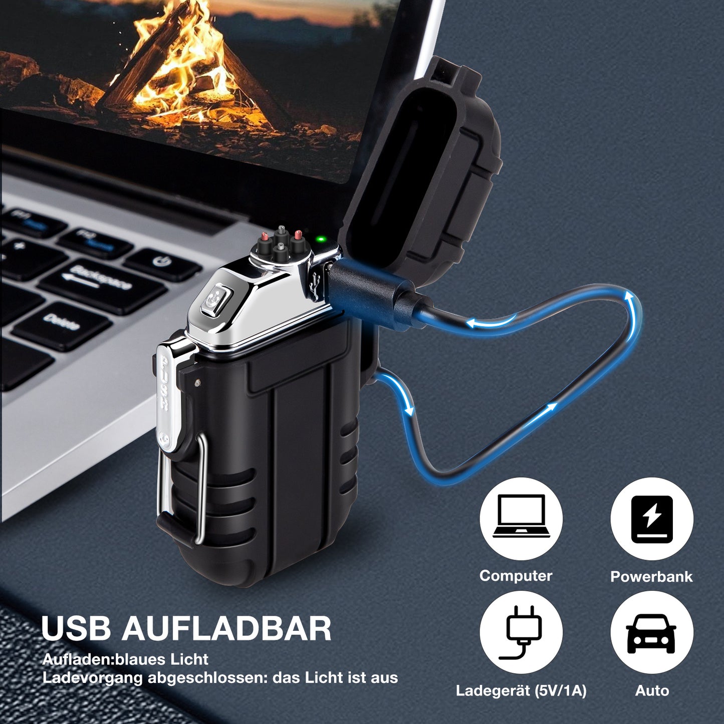 LcFun Lichtbogen Feuerzeug, Wasserdicht Winddicht Plasma-Feuerzeug USB Aufladbar Elektronisches Feuerzeug, mit Notfall-Pfeife für Camping, Abenteuer, Survival Taktische Ausrüstung (Schwarz)