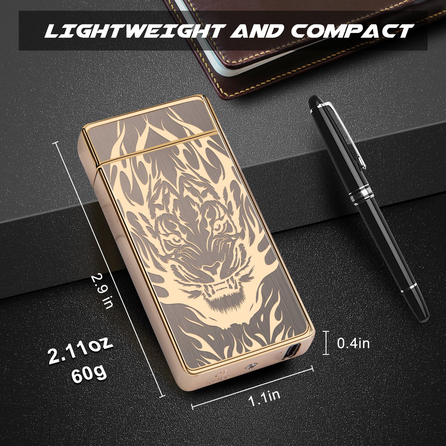 Plasma Lighter Rechargeable Windproof Lighter USB Electric Lighter Flameless Dual Arc Lighter Electronic Cool Lighters for Candle,Camping,Hiking,Outdoor,Indoor (Gold Tiger)…