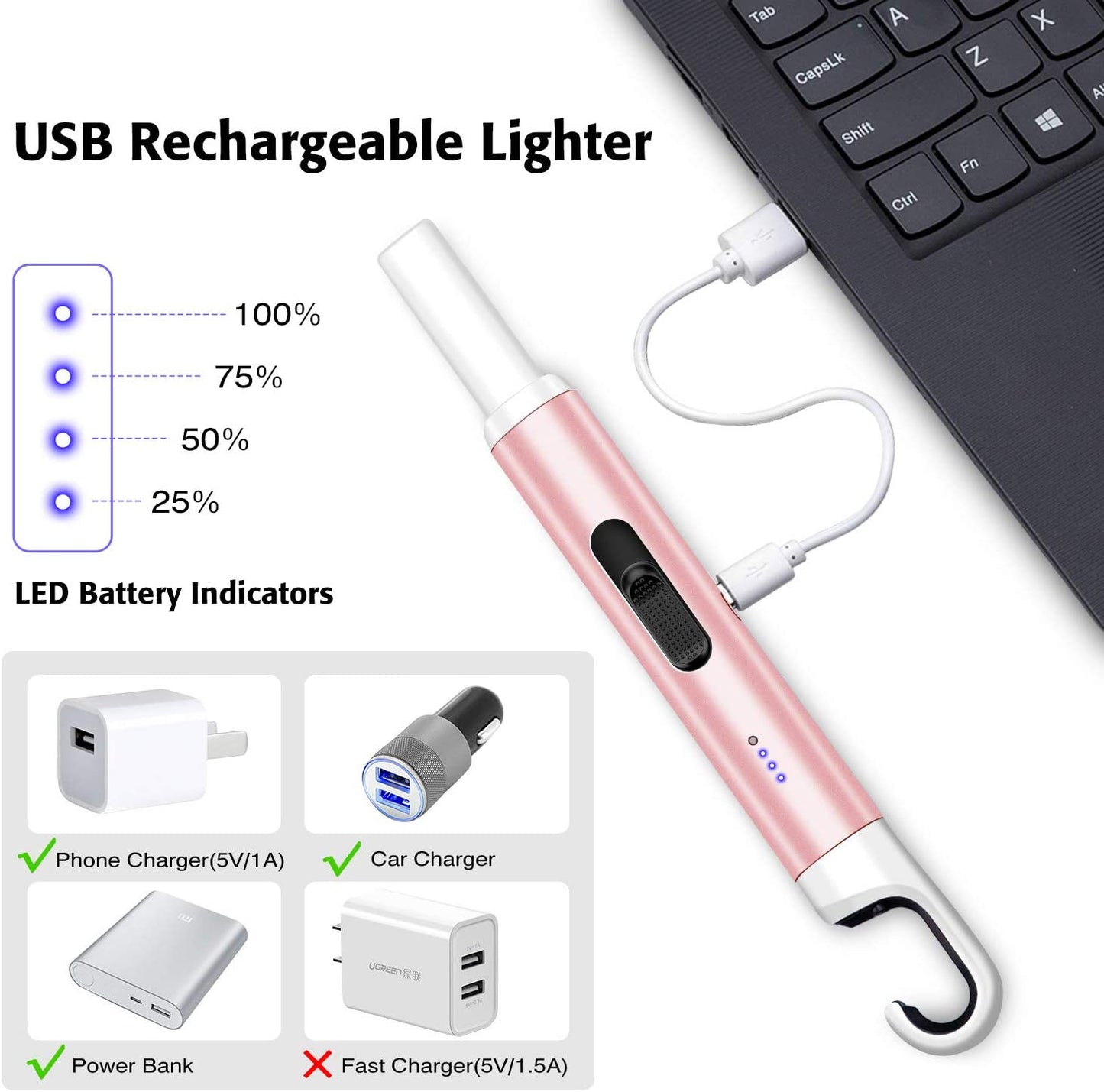 Electric Candle Lighter,Arc Lighter USB Rechargeable Flameless Electronic Lighter Windproof Plasma Long Neck Lighter with LED Battery Indicator for Candle,Fireworks,Grill,Barbecue,Stove(Rose Gold)