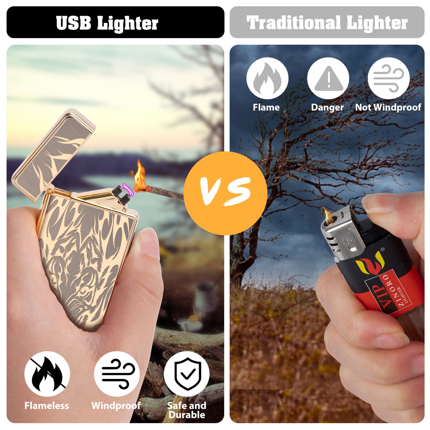 Plasma Lighter Rechargeable Windproof Lighter USB Electric Lighter Flameless Dual Arc Lighter Electronic Cool Lighters for Candle,Camping,Hiking,Outdoor,Indoor (Gold Tiger)…