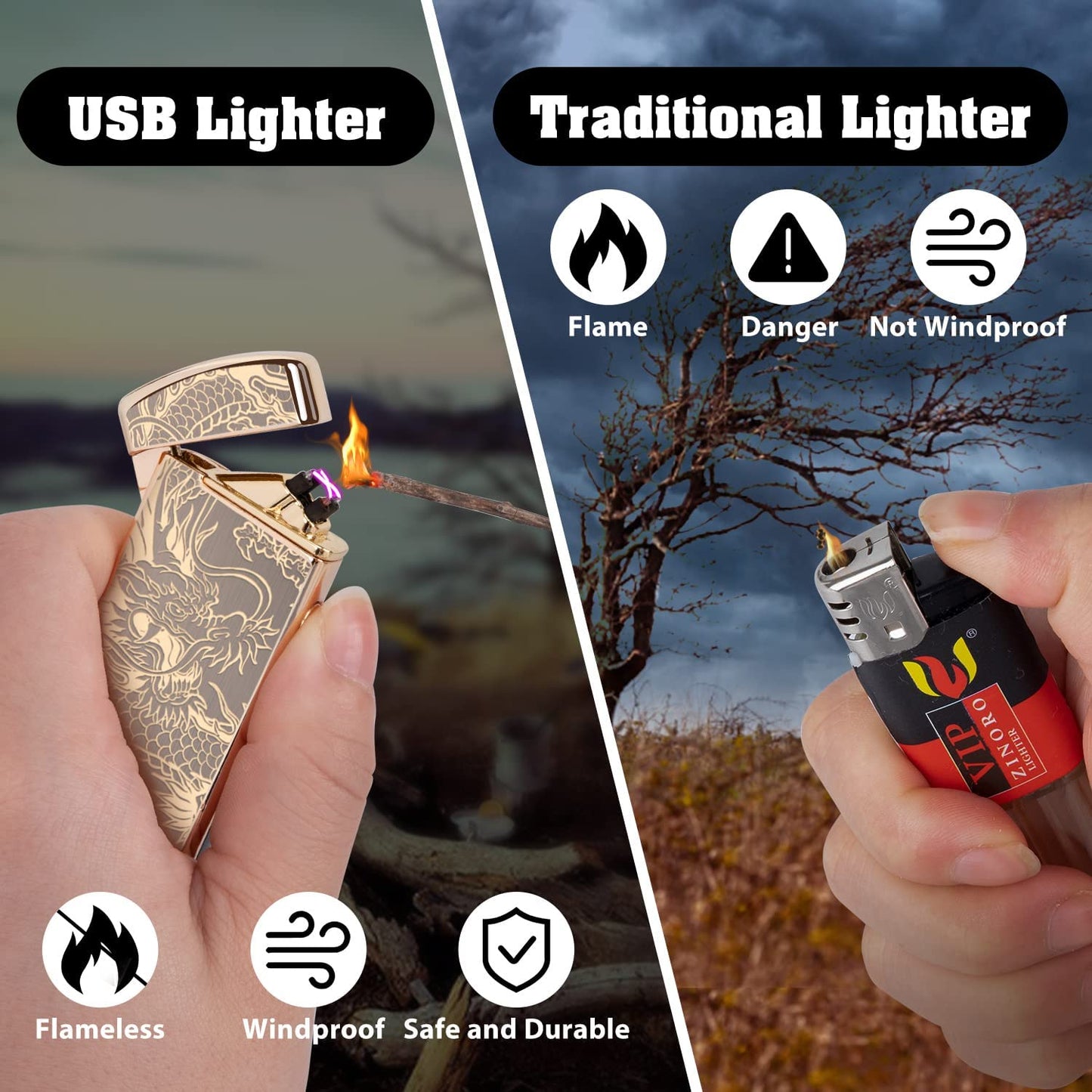 Electric Lighters, USB Rechargeable Lighter, Plasma Dual Arc Lighter, Windproof Flameless Lighter, Pocket Cool Lighter with LED Battery Indication for Candles, Incense, Outdoor Camping