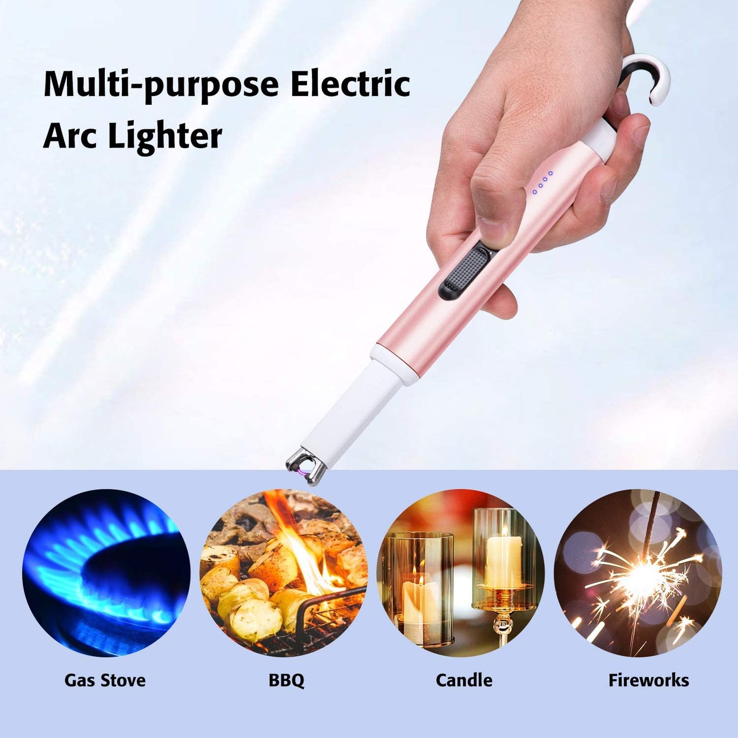 Electric Candle Lighter,Arc Lighter USB Rechargeable Flameless Electronic Lighter Windproof Plasma Long Neck Lighter with LED Battery Indicator for Candle,Fireworks,Grill,Barbecue,Stove(Rose Gold)