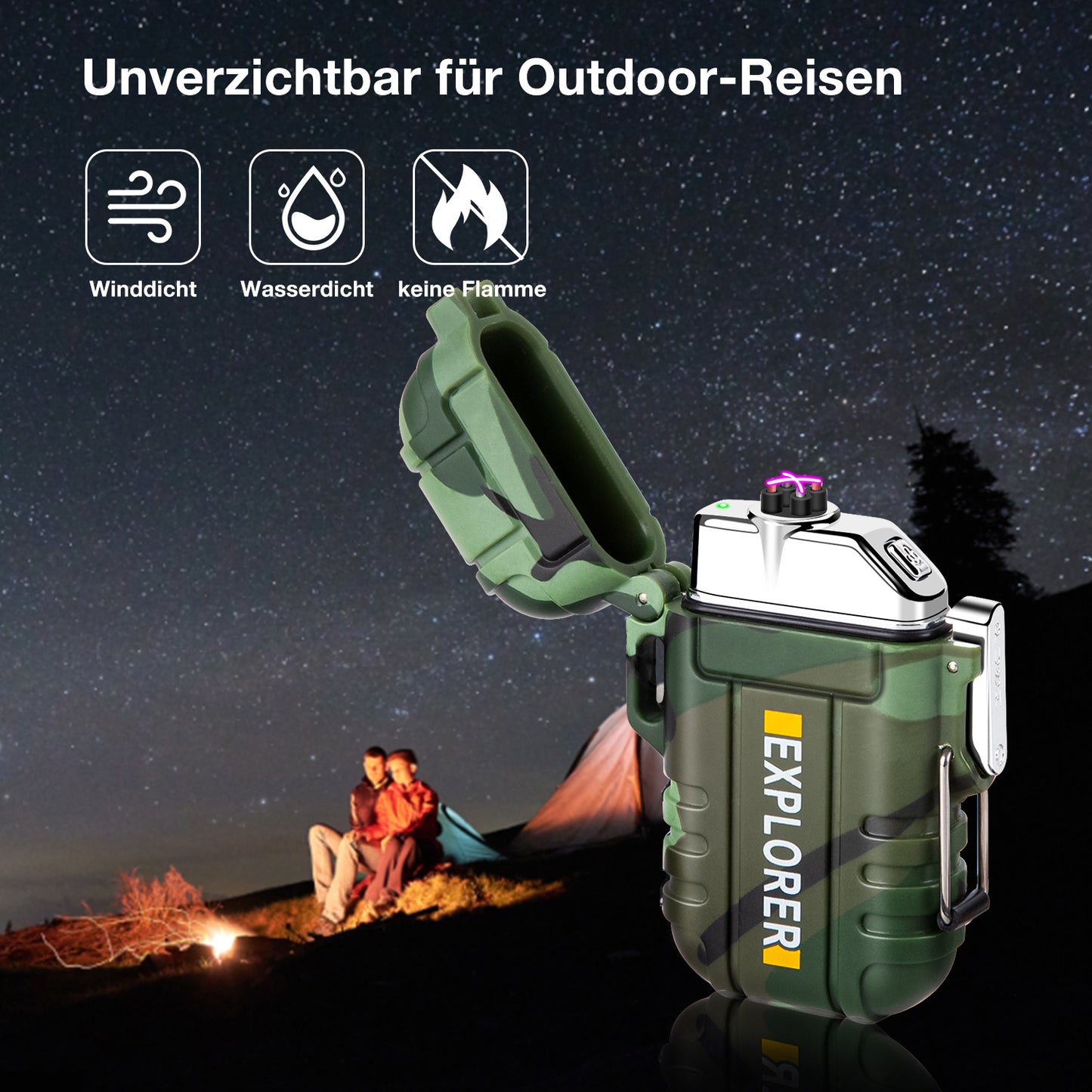 LcFun Lichtbogen Feuerzeug elektrisch, Wasserdicht Winddicht USB Feuerzeug wiederaufladbar, Plasmafeuerzeug Lighter mit Notfall-Pfeife für Camping, Survival Taktische-überlebensausrüstung (Tarnung)