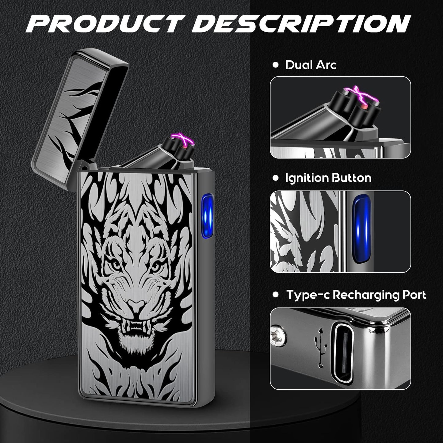 Electric Lighter USB Rechargeable Lighter Electronic Plasma Arc Lighter Flameless Windproof Lighters for Candle, Camping, Hiking, Outdoor(Black Tiger)…