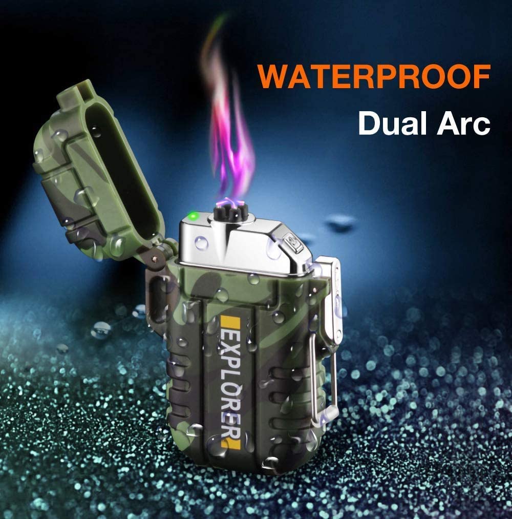 Plasma Lighter Waterproof Arc Lighter Windproof USB Electric Lighter Rechargeable with Emergency WhistleforHiking,Camping,Adventure,Survival&Tactical(Camouflage)