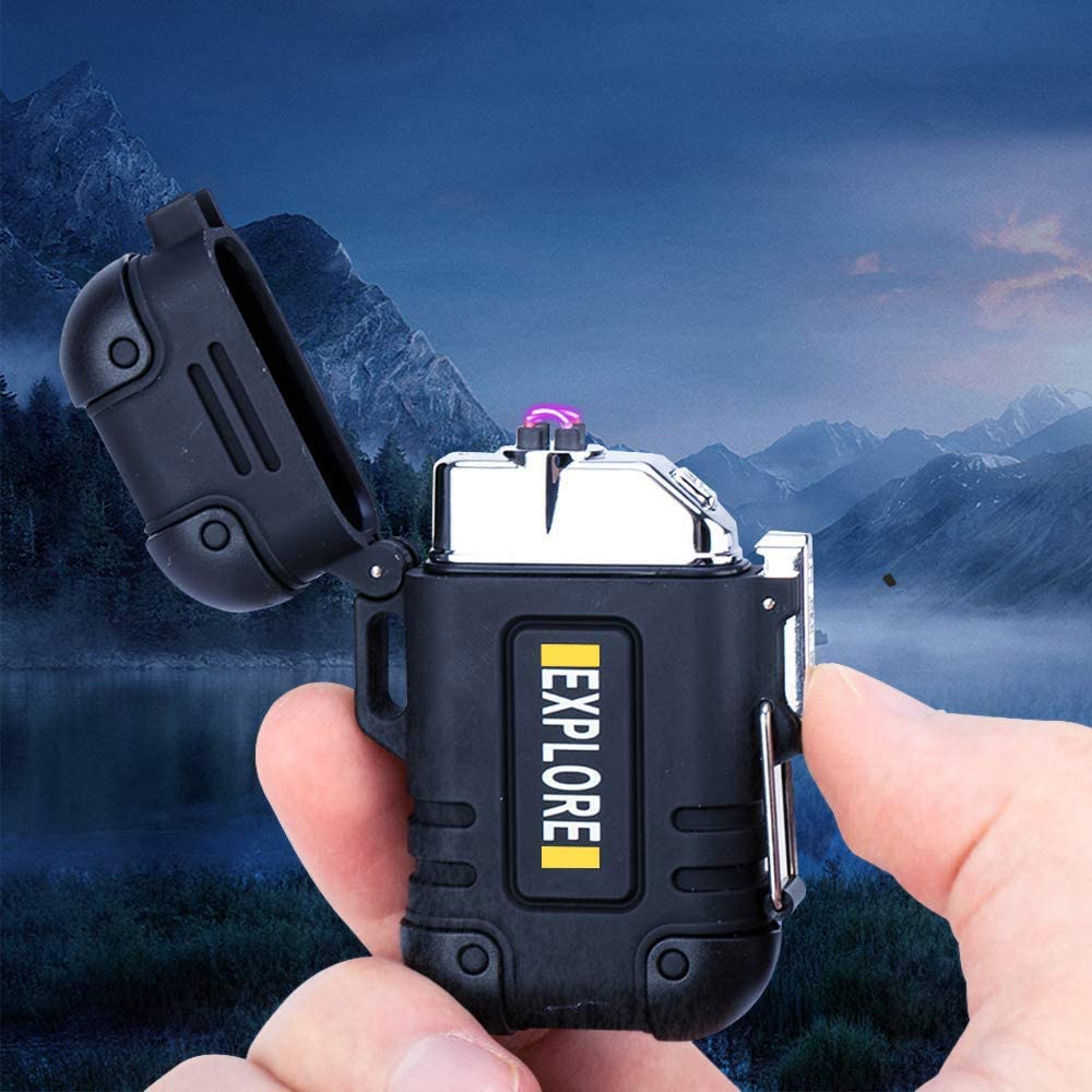 Arc Lighter Outdoor Waterproof Windproof Plasma Lighter Rechargeable USB Electronic Lighters with Emergency Whistle for Camping,Adventure,EDC Survival Tactical Gear(Black)