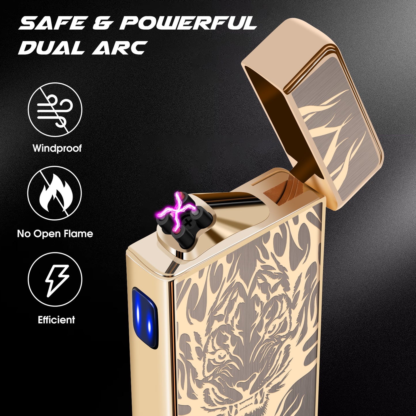 Plasma Lighter Rechargeable Windproof Lighter USB Electric Lighter Flameless Dual Arc Lighter Electronic Cool Lighters for Candle,Camping,Hiking,Outdoor,Indoor (Gold Tiger)…