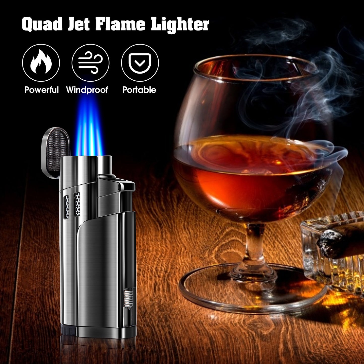 Torch Lighter Refillable Fuel Butane Torch Cigar Lighters 4 Jet Lighter with Cigar Punch Quad Flame Lighter Gas Torch Butane Lighters-Butane NOT Included (Black)