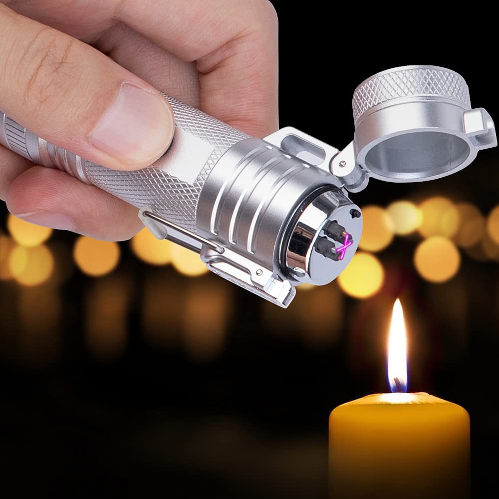 Waterproof Lighter USB Plasma Lighter Rechargeable Electric Lighter Waterproof with Flashlight Flameless Lighter Windproof Arc Lighter for Outdoor Camping Hiking (Silver)