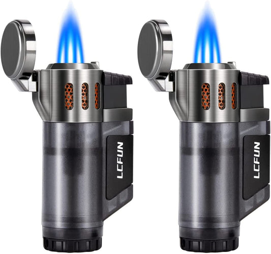 Torch Lighters 2 Pack Triple Jet Flame Butane Lighter 3 Flame Torch Lighter Fluid Refillble Jet Lighter-Butane Not Included (2 Pack Black)