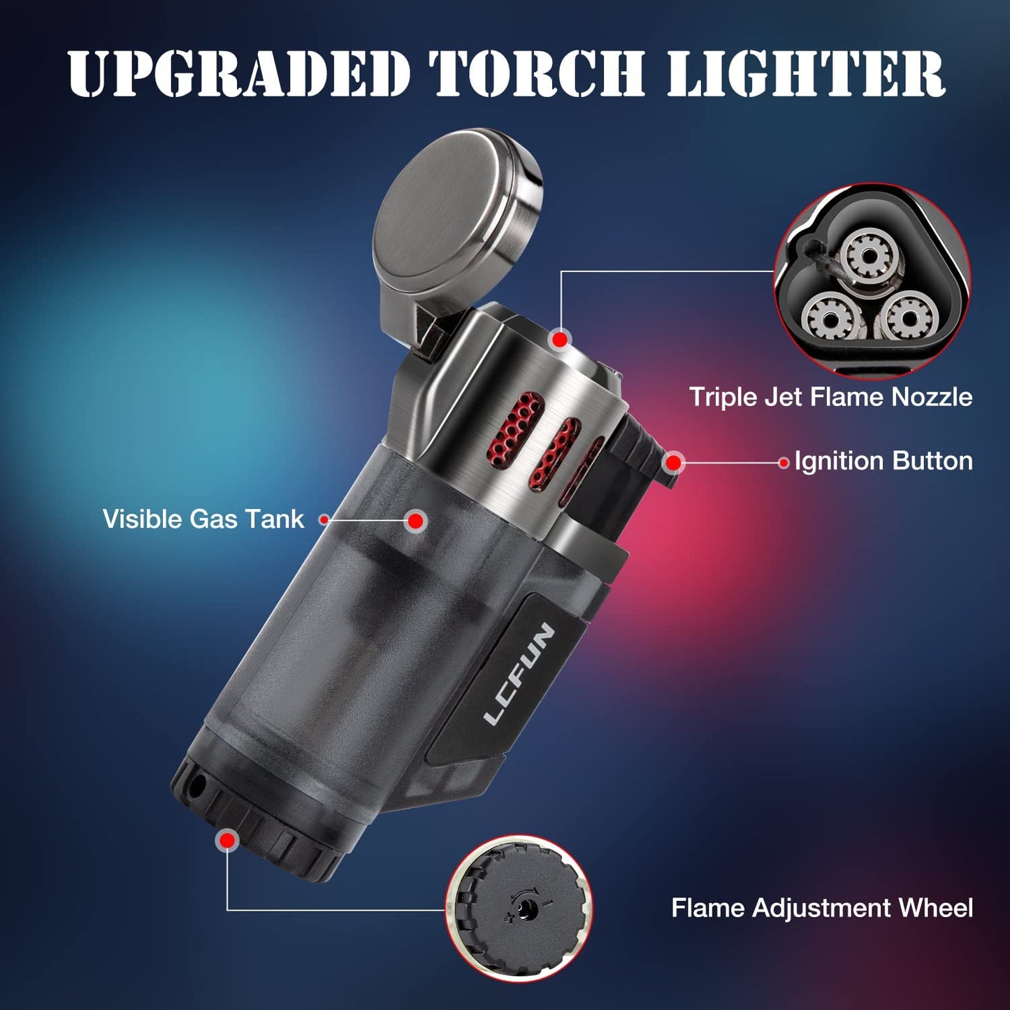 Torch Lighters 2 Pack Triple Jet Flame Butane Lighter 3 Flame Torch Lighter Fluid Refillble Jet Lighter-Butane Not Included (2 Pack Black)