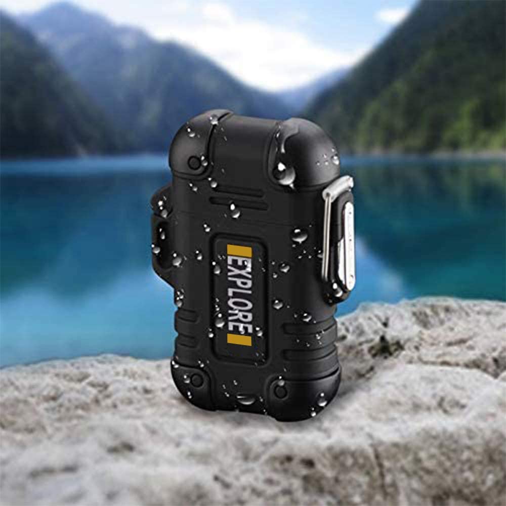 Arc Lighter Outdoor Waterproof Windproof Plasma Lighter Rechargeable USB Electronic Lighters with Emergency Whistle for Camping,Adventure,EDC Survival Tactical Gear(Black)