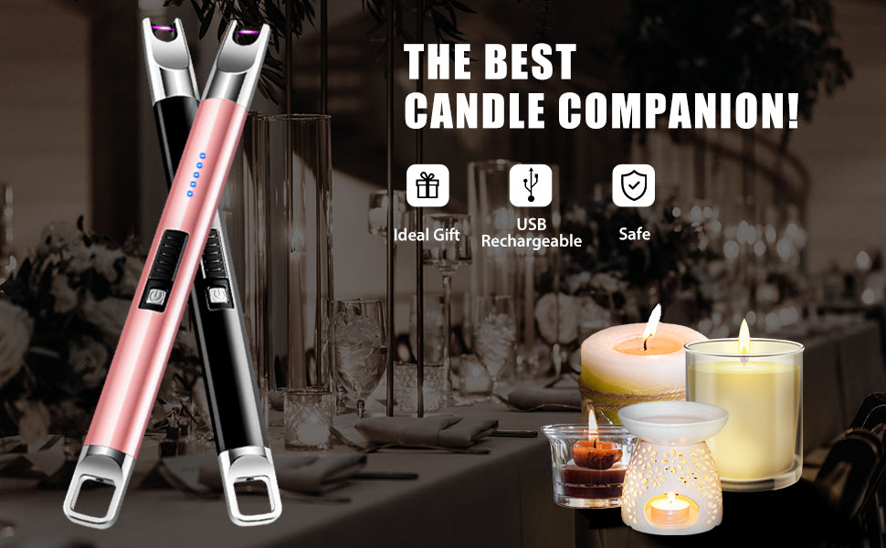 Candle Lighter 2 Pack Plasma Rechargeable Electric Arc Lighter with LED Battery Display Windproof Flameless USB Long Lighter for Candle BBQ Camping Gas Stoves Fireworks(Rose Gold&Black)