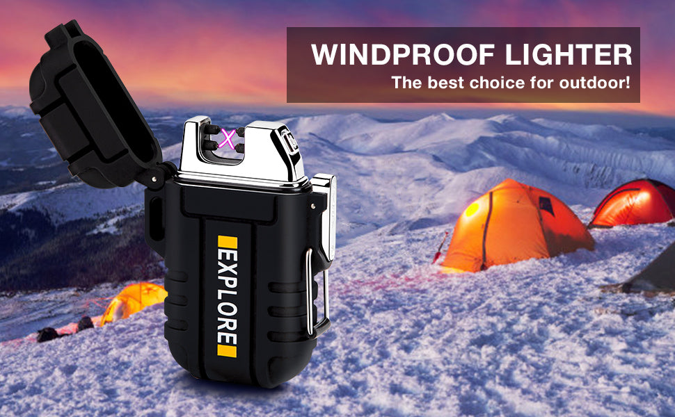 Waterproof Lighter Outdoor Windproof Lighter Dual Arc Lighter Electric Lighters USB Rechargeable-Flameless-Plasma Cool Lighters for Camping,Hiking,Adventure,Survival Tactical Gear (Black)