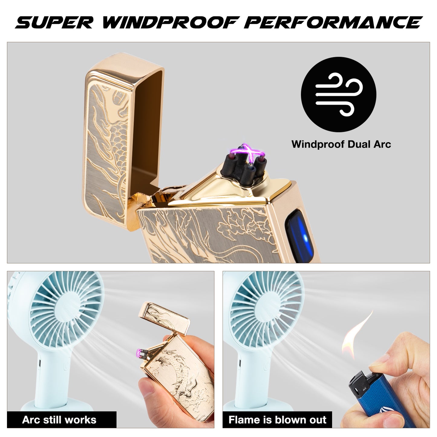 Electric Lighter,Dual Arc Plasma Lighter USB Rechargeable Lighter Electronic Windproof Lighter Cool Flameless Butane Free Lighter for Candle,Fireworks,Incense (Gold Dragon)…