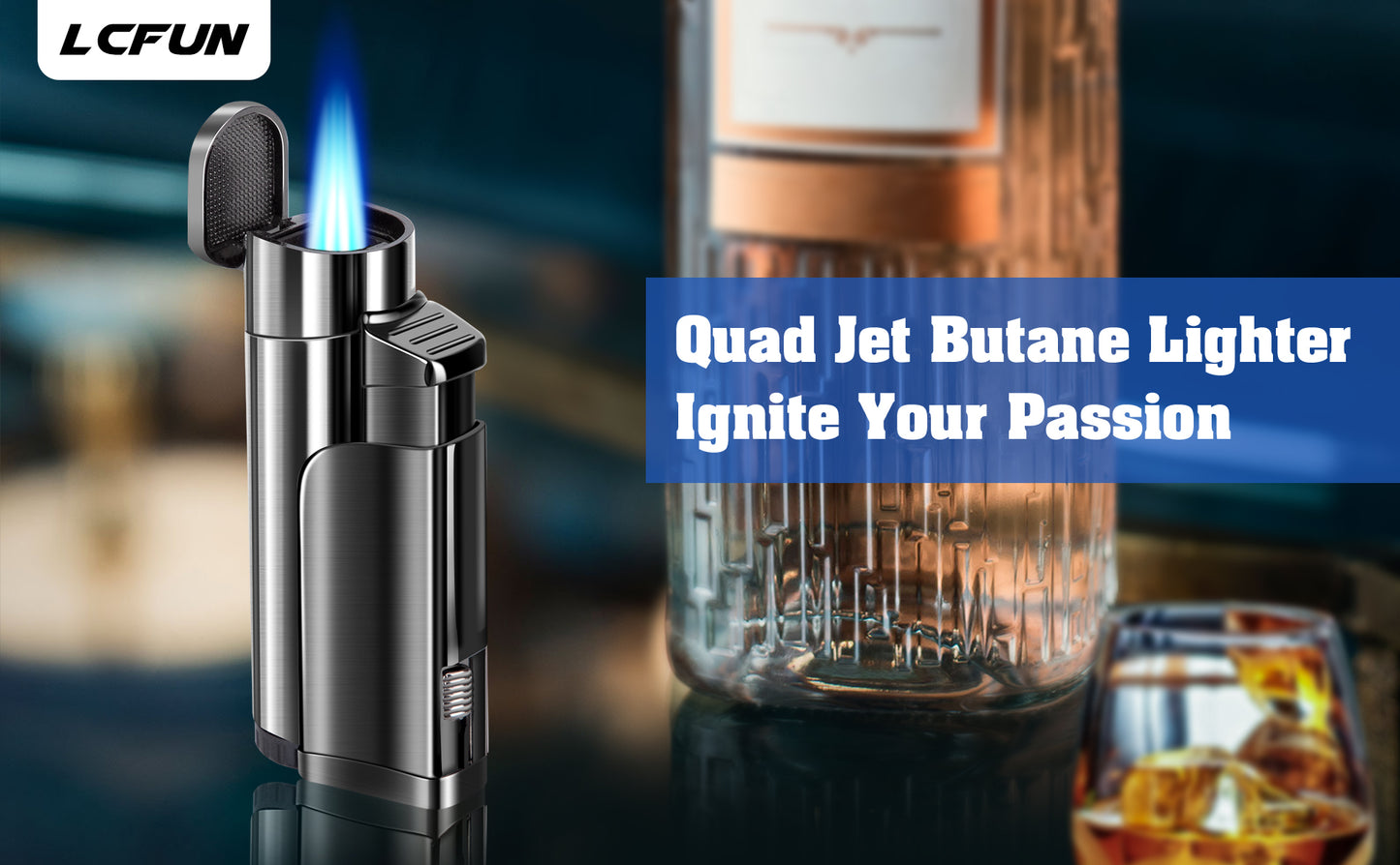 Torch Lighter Refillable Fuel Butane Torch Cigar Lighters 4 Jet Lighter with Cigar Punch Quad Flame Lighter Gas Torch Butane Lighters-Butane NOT Included (Black)