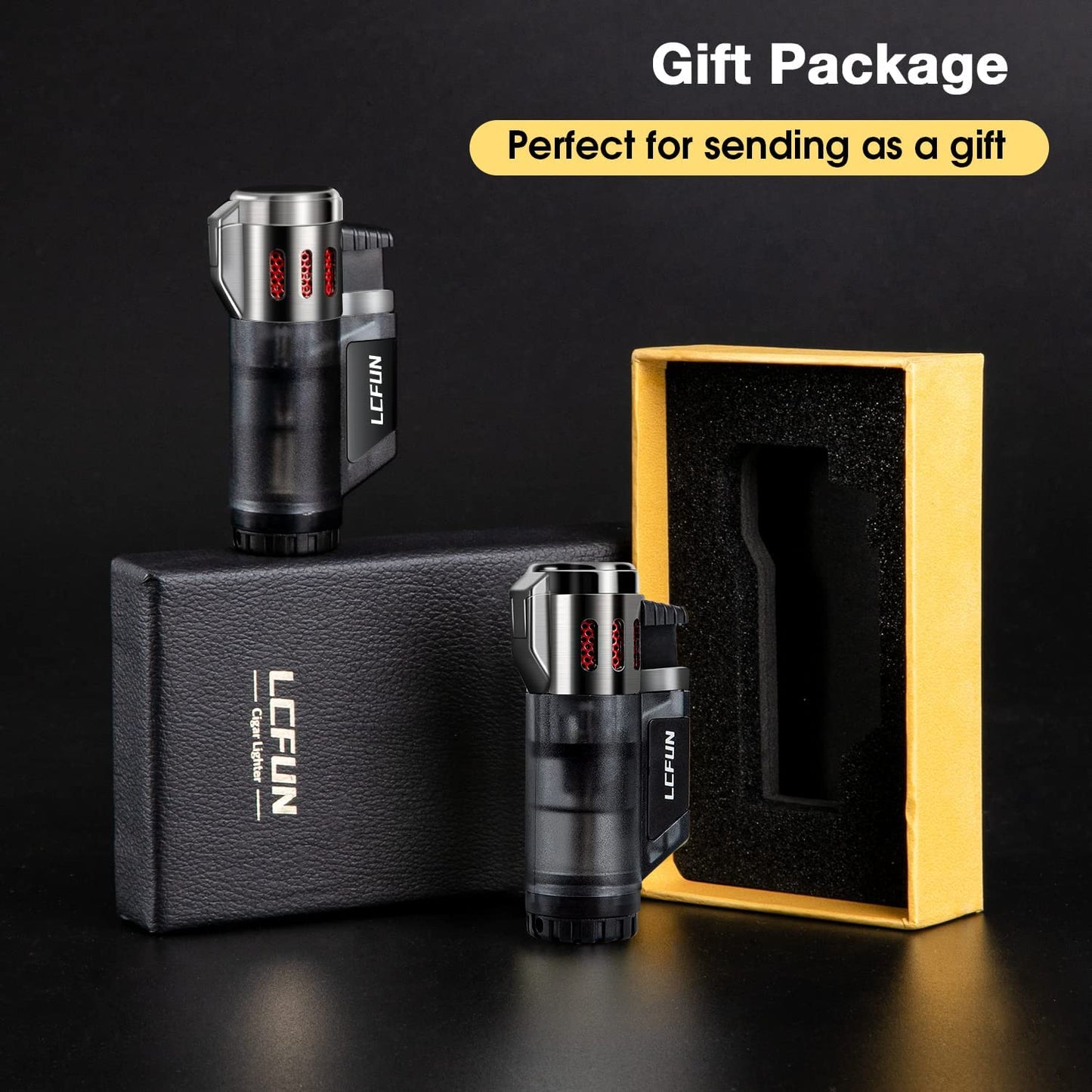 Torch Lighters 2 Pack Triple Jet Flame Butane Lighter 3 Flame Torch Lighter Fluid Refillble Jet Lighter-Butane Not Included (2 Pack Black)